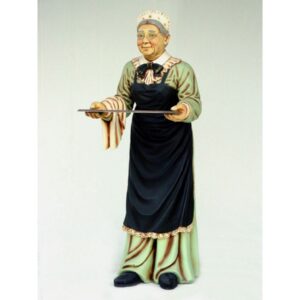 Oude serveerster met dienblad levensgroot